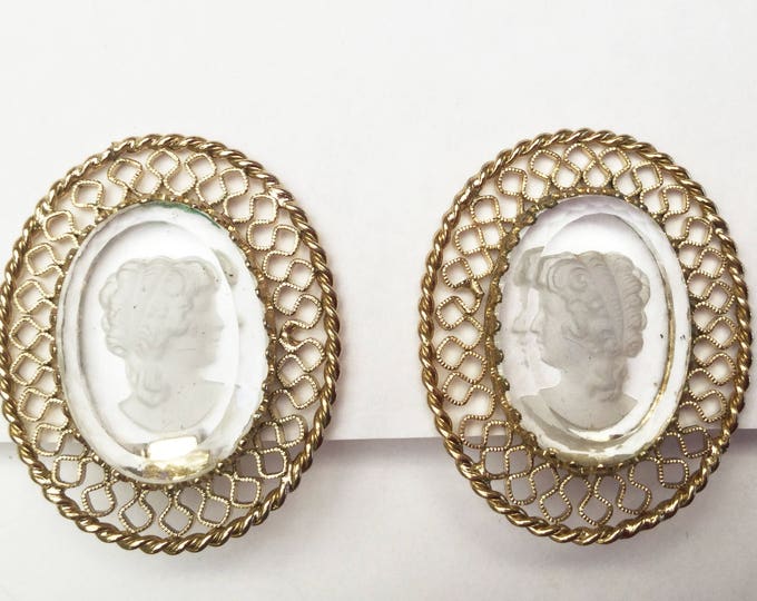 Intaglio Cameo Earrings - Carved clear glass - Signed Whiting and Davis - Gold Filigree - Clip on earrings