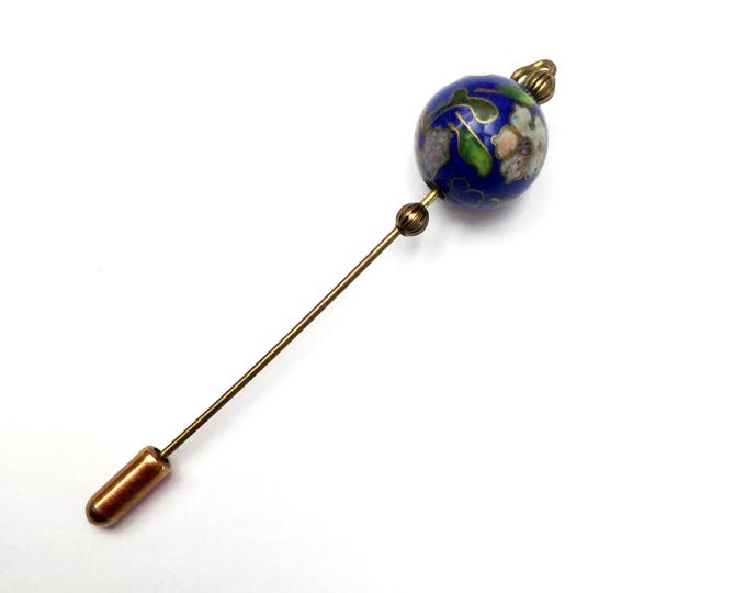 Blue Cloisonne Bead Stick Pin - Floral enameling - brass stick pin