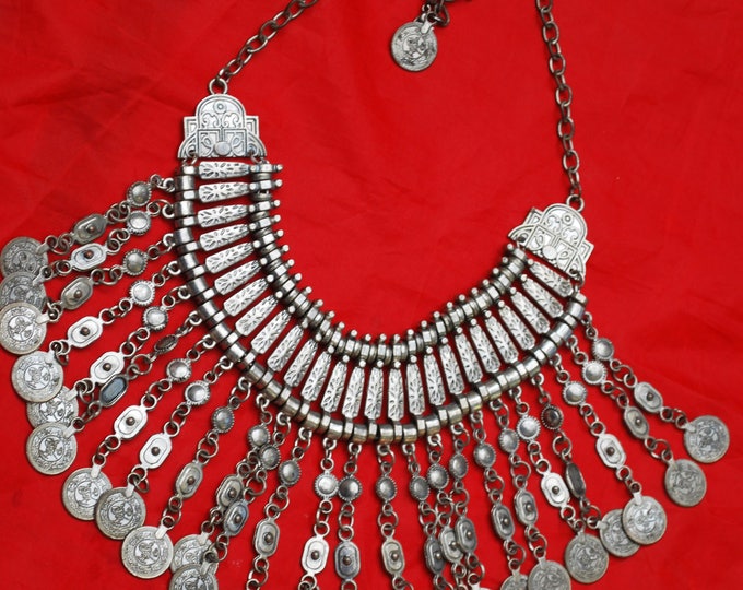 Silver Coin Bib Necklace - Boho Gypsy - Tribal Dangle Coin - Statement Necklace