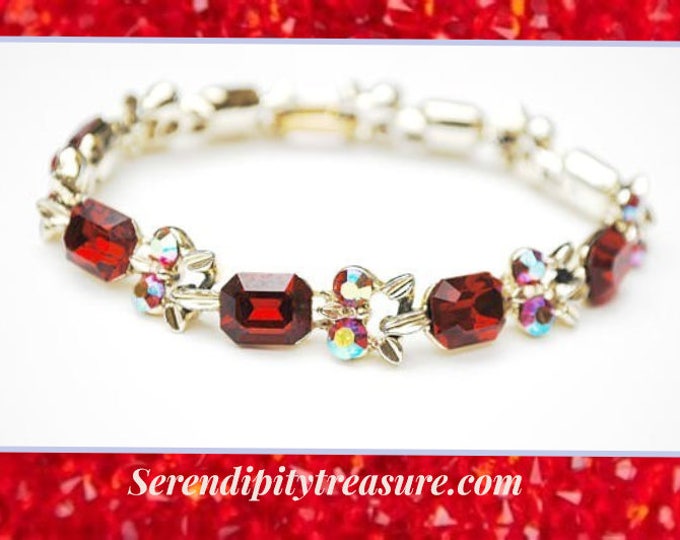 Red Rhinestone Tennis Bracelet - Aurora Borealis crystal - Gold tonemetal - Mid Century