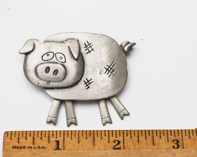 Pewter Pig Brooch - Signed JJ - Jonette Jewelry company - dangle legs - figurine pin