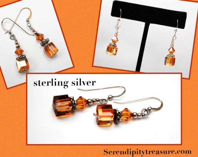 Sterling orange cube dangle earrings - orange crystal glass - drop earring