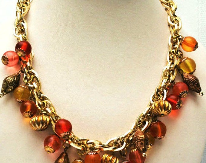 tutti fruiti bead Necklace - colorful Lucite Bead - orange yellow - gold chain collar necklace