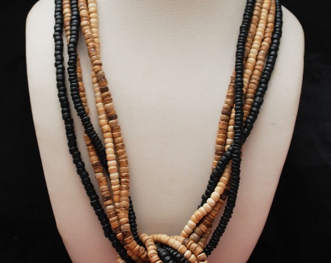 Twisted knot beaded necklace - Black wood - brown seed beads - Boho