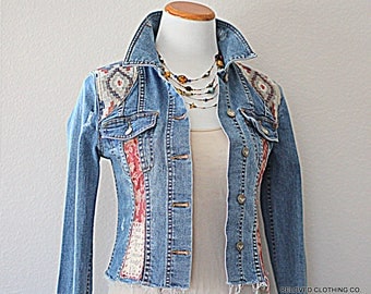 Boho Women's Junior's Tattered Jean Jacket / Embellished Denim Festival Top Size XS Upcycled Clothes Reloved Clothing Co
