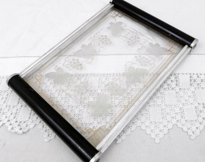 Antique Art Deco Glass Tray with Wooden Handles Gilt Banding and Decorated Vine Leaves and Grape Pattern, Retro Vanity Boudoir Accessory Antique Art Deco Glass Tray with Wooden Handles Gilt Banding and Decorated Vine Leaves and Grape Pattern, Retro Vanity Boudoir Accessory
