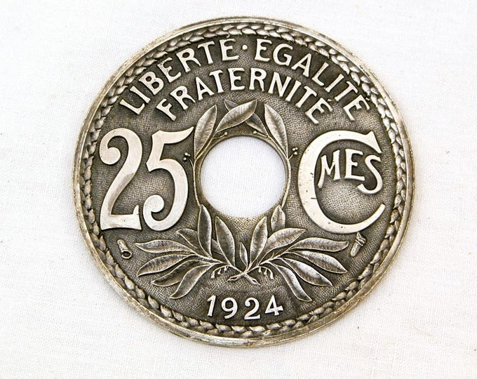 6 Vintage Cast Metal Coasters for Drinking Glasses Shaped as 1924 French Coins with Original Box, Retro Wine Glass Coaster from France 6 Vintage Cast Metal Coasters for Drinking Glasses Shaped as 1924 French Coins with Original Box, Retro Wine Glass Coaster from France