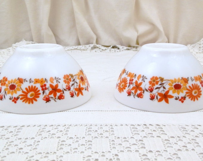 2 Vintage White Milk Glass French Coffee Bowls. Pair Arcopal Bowl with Orange Flower Pattern from France, 1960s / 1970s Retro Kitchenware 2 Vintage White Milk Glass French Coffee Bowls. Pair Arcopal Bowl with Orange Flower Pattern from France, 1960s / 1970s Retro Kitchenware