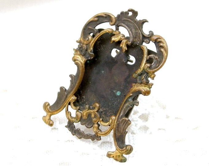 Very Small Antique Silver and Gold Plated Portrait Frame, Tiny French Victorian Metal Easel Standing Embossed Picture Frame