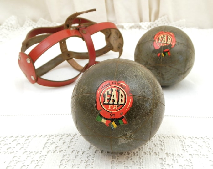 Vintage 1950s Wooden Lignum Vitae Boule / Petanque Balls Made in Italy by Fabra with Red Leather Carrying Case, French Bowling Balls