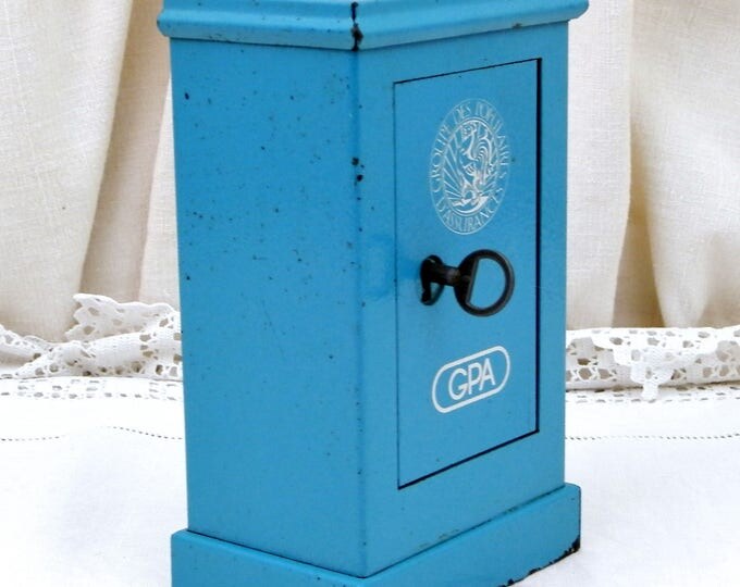 Vintage French Replica Blue Metal Cash Safe " Coffre Fort" Coin Bank / Still Bank/ Piggy Bank, Money Box from France Promotional Gift GPA