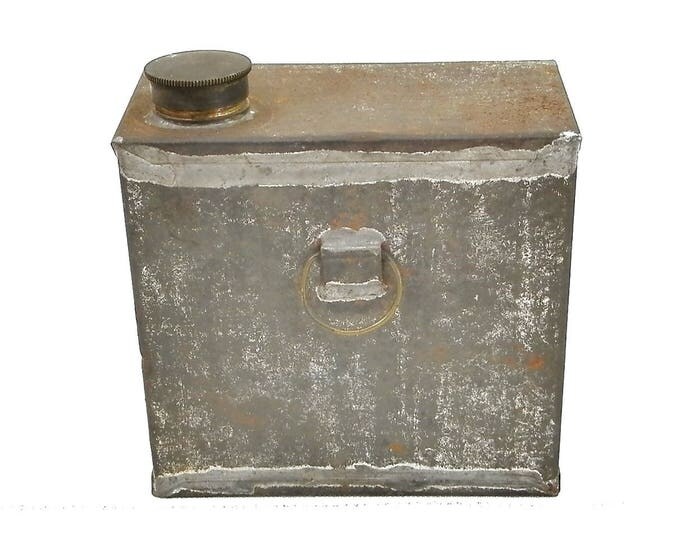 Antique Square Metal Bottle With Screw Lid, Rectangular Tin Container for Liquids, French Brocante Home Decor, Industrial Curios from France