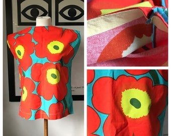 Vintage Marimekko Top / Size Small - Medium / 1980 Finland Custom Made / Unikko Flowers Red Yellow Turquoise