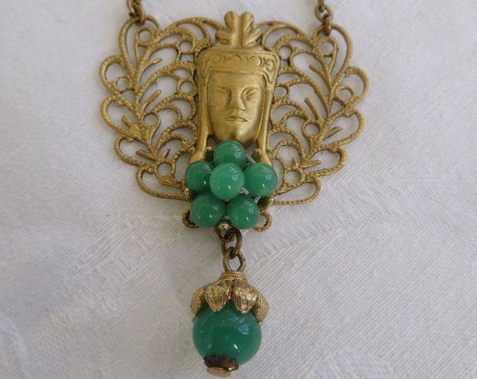 Vintage Buddah Necklace, Filigree with Peking Glass Beads, Bib Style, Spiritual Jewelry, 24 Inch Chain