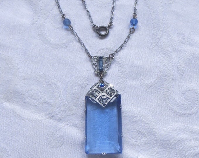 Antique Art Deco Necklace, Cobalt Blue Emerald Cut Pendant, Rhodium Filigree Setting, Beaded Chain