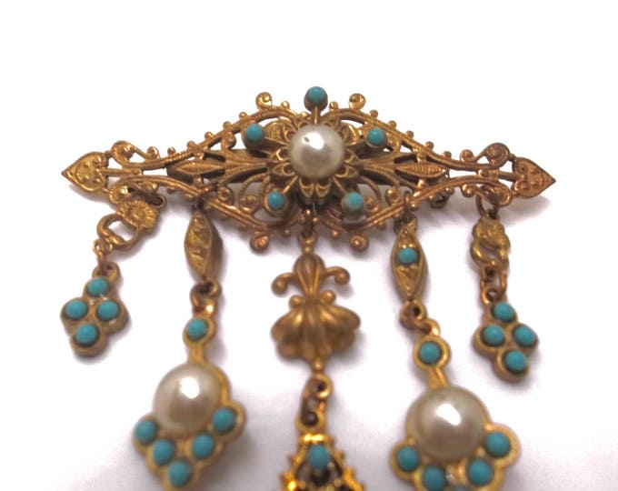 Pearl Turquoise Brooch, Vintage Filigree Dangle Pin, Victorian Revival Pin, Designer Signed