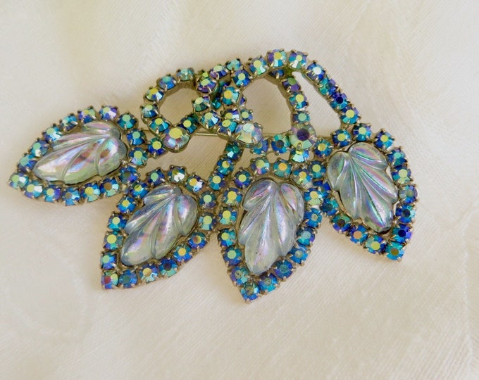 Hobe Leaf Brooch, Molded Glass Pin, Aurora Borealis, Vintage Hobe Jewelry, Designer Signed Brooch
