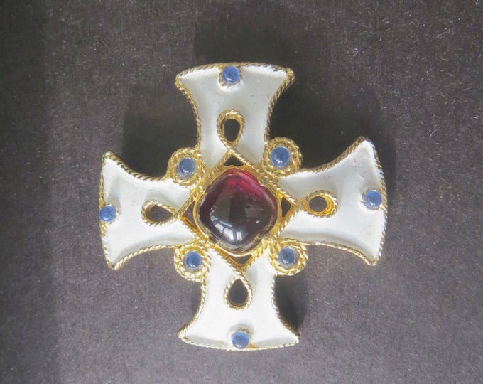 Maltese Cross Brooch, Malta Cross Pin, Signed Castlecliff, Gripoix Glass, Vintage Heraldic Cross, Cross Jewelry