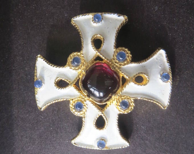 Maltese Cross Brooch, Malta Cross Pin, Signed Castlecliff, Gripoix Glass, Vintage Heraldic Cross, Cross Jewelry