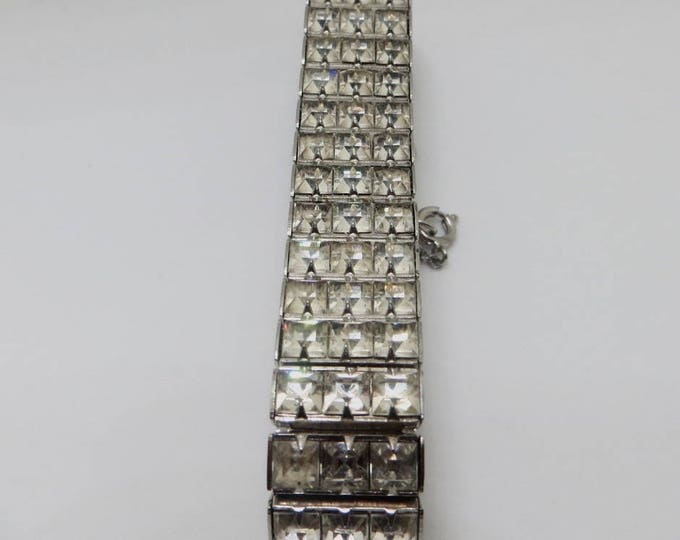 Art Deco Crystal Bracelet, Channel Set, Rhodium Setting, 1950s Bracelet, Wedding Bridal Jewelry, Crystal Clear Stones