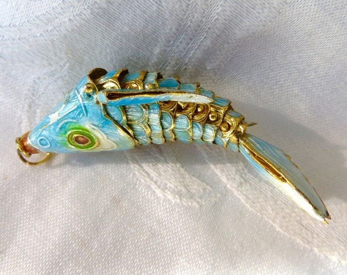 Japanese Koi Fish Pendant, Reticulated Enamel Fish, Vintage Asian Export Jewelry