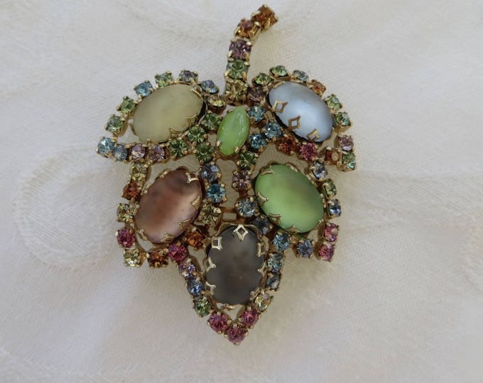 Vintage Rhinestone & Satin Glass Brooch, Satin Glass Cabs with Multicolor Rhinestone Pin, Vintage 1960s Jewelry