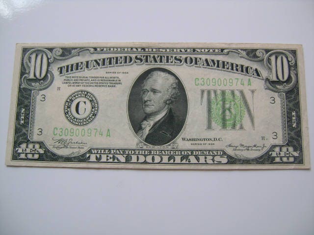 1934 Green Seal US 10 Dollar Bill Federal Reserve Note