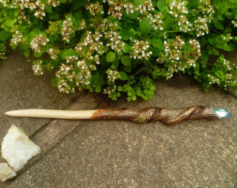 Rowan wood wand with natural twist, set with Aqua Aura Isis Goddess Quartz point.