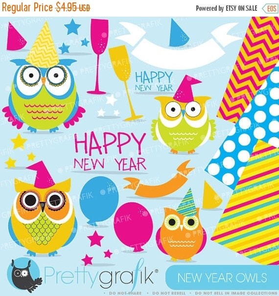 80% OFF SALE New Year Owls clipart commercial use, vector graphics, digital clip art, digital images - CL622 Il_570xn
