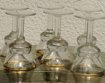 6 French liqueur glasses 1930s gold rimmed glassware liquor glasses port glasses shot glasses vintage barware gilded glasses