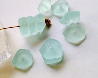 Sea Glass Bead Light Aqua Freeform Button Spacer Bead 14mm - 15mm 10 beads
