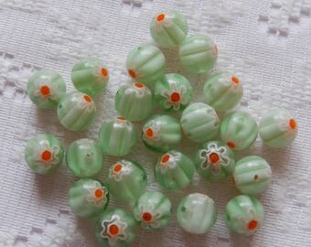 24 Pastel Mint Green Red Orange & White Flower Round Ball Millefiori Lampwork Glass Beads 8mm