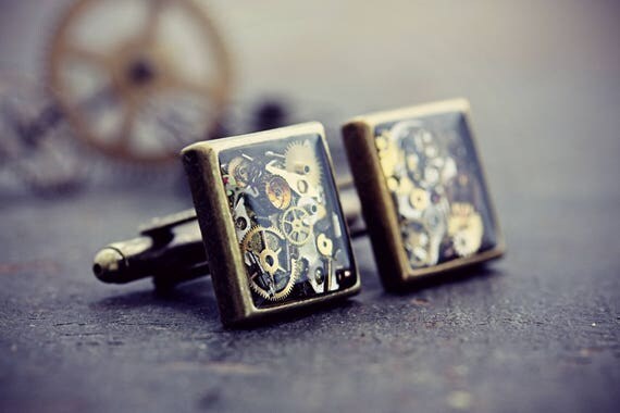 Watch Part Cufflinks Steampunk Cuff Links Cyberpunk Upcycled Recycled Antique Clock Steam Punk Gears Cogs Eco Friendly Resin Mens Jewelry by TheCreakingDoor steampunk buy now online