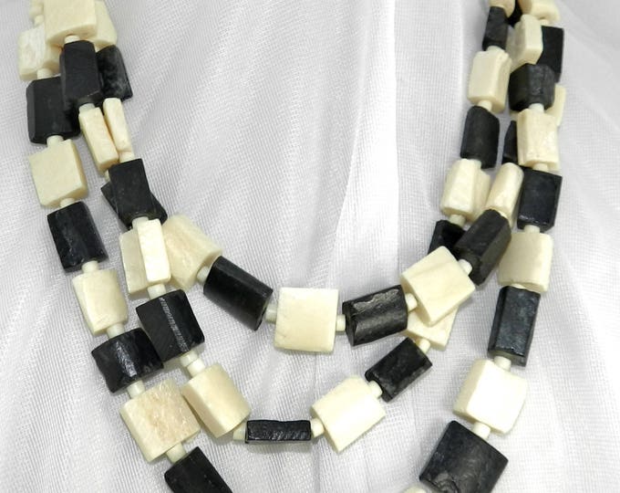 BOHO Beaded Necklace, Triple Strand bone Beaded necklace, Black and White Necklace Jewelry, Vintage 1970s 1980s fashion statement, gift for