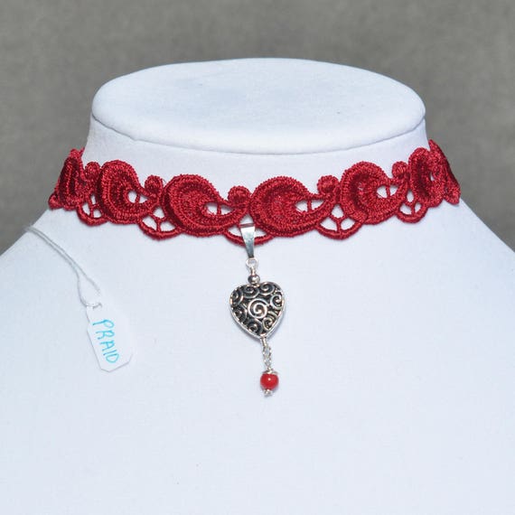 Red Choker Necklace Red Lace Choker Choker Heart Necklace
