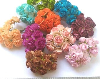 100 Mixed Colors Mulberry Roses Paper Flowers Mini 0.6 inch (18mm) Bulk Price Embellishment Scrapbooking Bulk Price #MIX-1