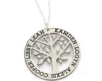 Family Tree Necklace, Sterling Silver, Gift Idea for Wife, Mothers Jewelry, Personalized Names Pendant, Children's Names, Tree of Life