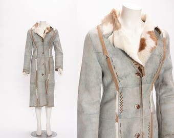 artisan made shearling coat in blue vintage 1990s • Revival Vintage Boutique