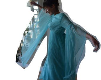Huge sweeping sleeves vintage chiffon 60's dress in aqua xs-sm