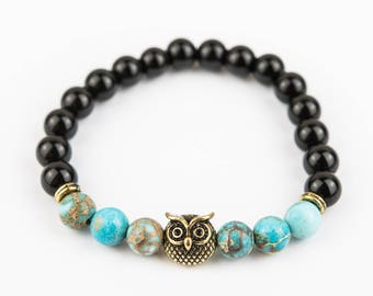 Silver Owl bracelet Gloss marbles with Turquoise stone one of a kind