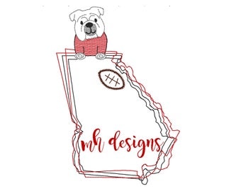 5x7 State of Georgia with Bulldog and Football embroidery design, Vintage stitch bulldog, Georgia embroidery file, Bean stitch bulldog
