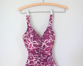 vintage 1970's maroon & cream floral one piece swimsuit womens