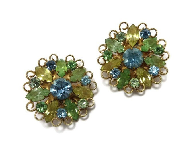 Weiss Flower Rhinestone Earrings, Vintage Green Yellow Blue Earrings, Signed Weiss Jewelry