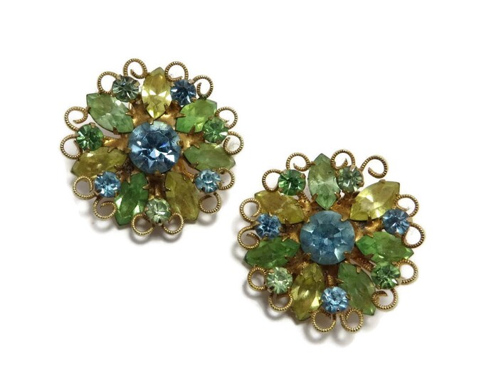 Weiss Flower Rhinestone Earrings, Vintage Green Yellow Blue Earrings, Signed Weiss Jewelry