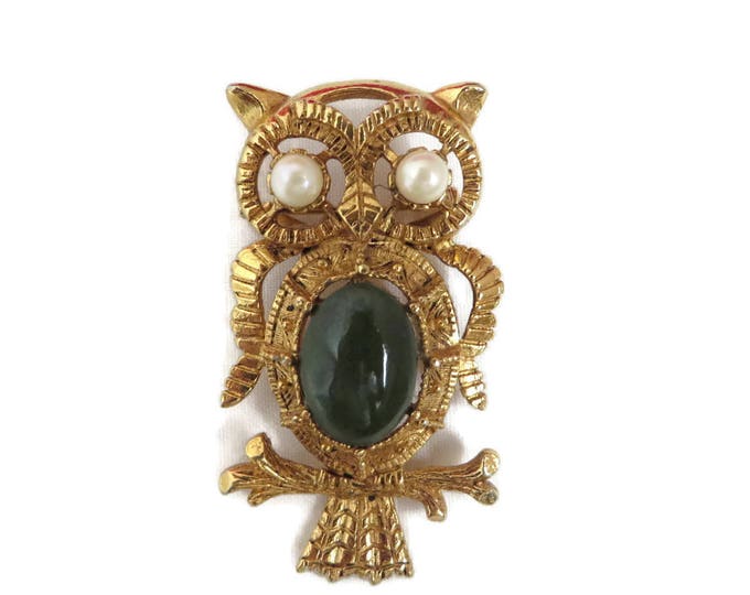 Owl Pendant Brooch, Vintage Gold Tone Owl Brooch-Pendant, Jade Glass Brooch, Faux Pearl Eyed Owl Pin, Bird Pendant, Owl Jewelry Owl Pendant Brooch, Vintage Gold Tone Owl Brooch-Pendant, Jade Glass Brooch, Faux Pearl Eyed Owl Pin, Bird Pendant, Owl Jewelry
