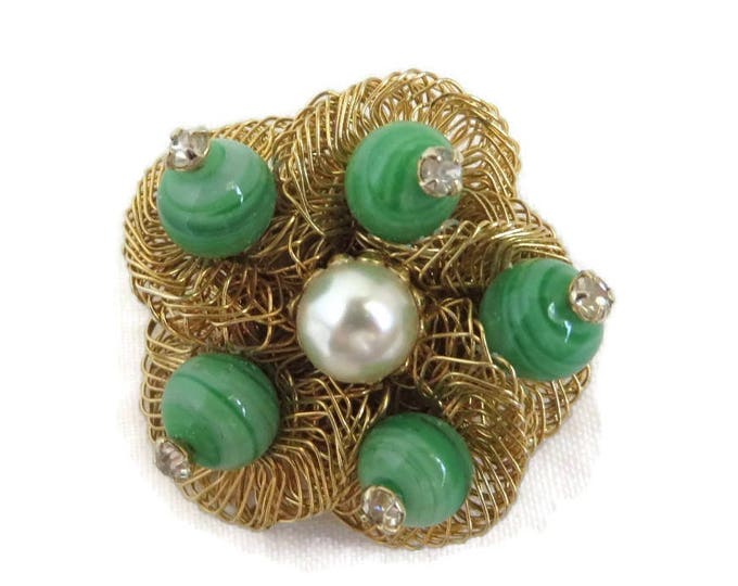 Weiss Bird's Nest Brooch, Vintage Art Glass, Gold Tone Pin, Faux Pearl Rhinestone Pin, Signed Designer Jewelry