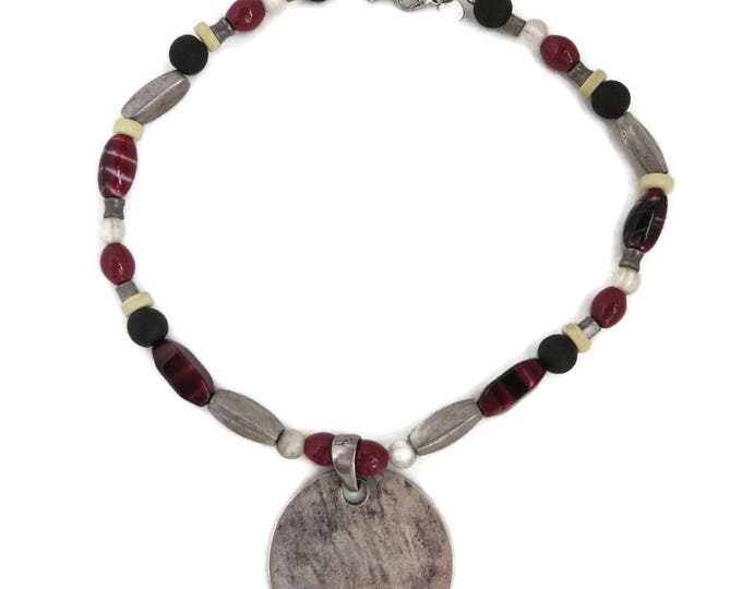 CHICO'S Pendant Necklace, Vintage Chunky Tribal Style, Boho Beaded Silver Tone Pendant Choker Necklace