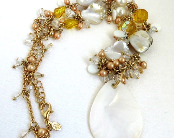 Vintage MOP Beaded Necklace, Premier Designs Shell & Beads Gold Tone Necklace