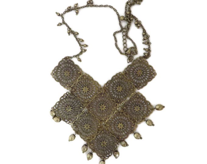 Gold Tone Bib Necklace, Vintage Filigree Dangling Bead Statement Necklace, Valentine's Day Gift
