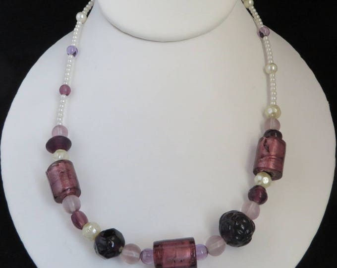 Beaded Necklace, Vintage Purple Bead Neckace, Chunky Faux Pearl Black, White Boho Jewelry, Mother's Day Gift for Her Beaded Necklace, Vintage Purple Bead Neckace, Chunky Faux Pearl Black, White Boho Jewelry, Mother's Day Gift for Her